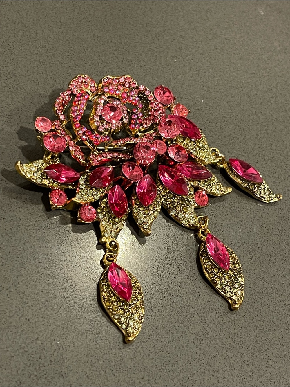 Gold-Tone Pink Crystal Floral Dangling Brooch
